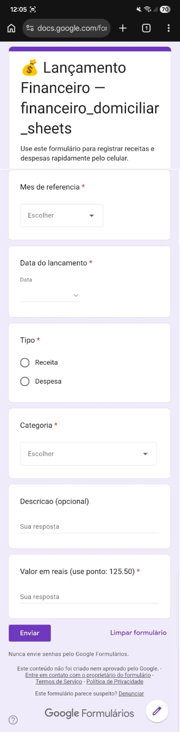 Formulário de lançamento no celular
